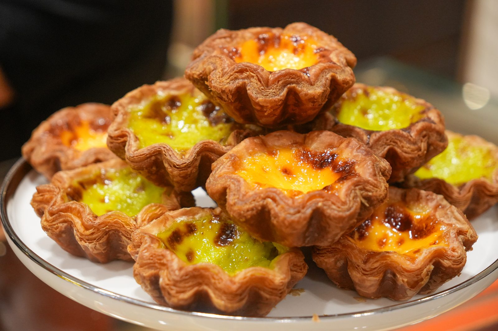 Creme brulee and green pandan sourdough egg tarts from La Levain at Jewel Changi Airport